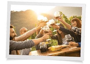 singles club members enjoying a picnic, cheersing their wine glasses
